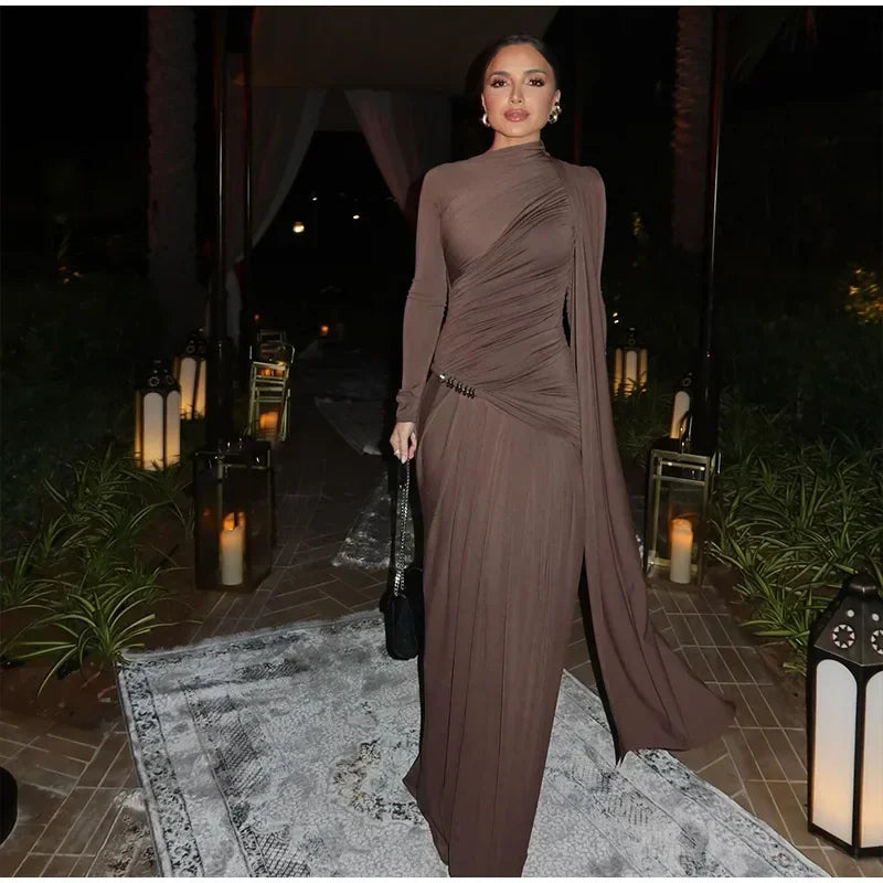 Elegant Women Pleated Irregular Patchwork Maxi Dress Chic Long Sleeve High Neack Dresses 2025 Summer Turtleneck Party Prom Gowns