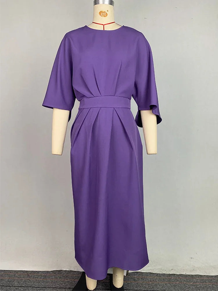 Long Dress for Women Fashion Summer Elegant Dresses 2025 New Round-Neck Puff Sleeves Pleated Party Evening Dress