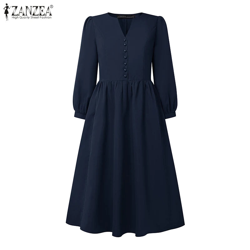 ZANZEA 2025 Autumn Solid Work Dresses Women V Neck Long Sleeve Dress Elegant A Line Party Sundress Casual Solid Button Midi Robe
