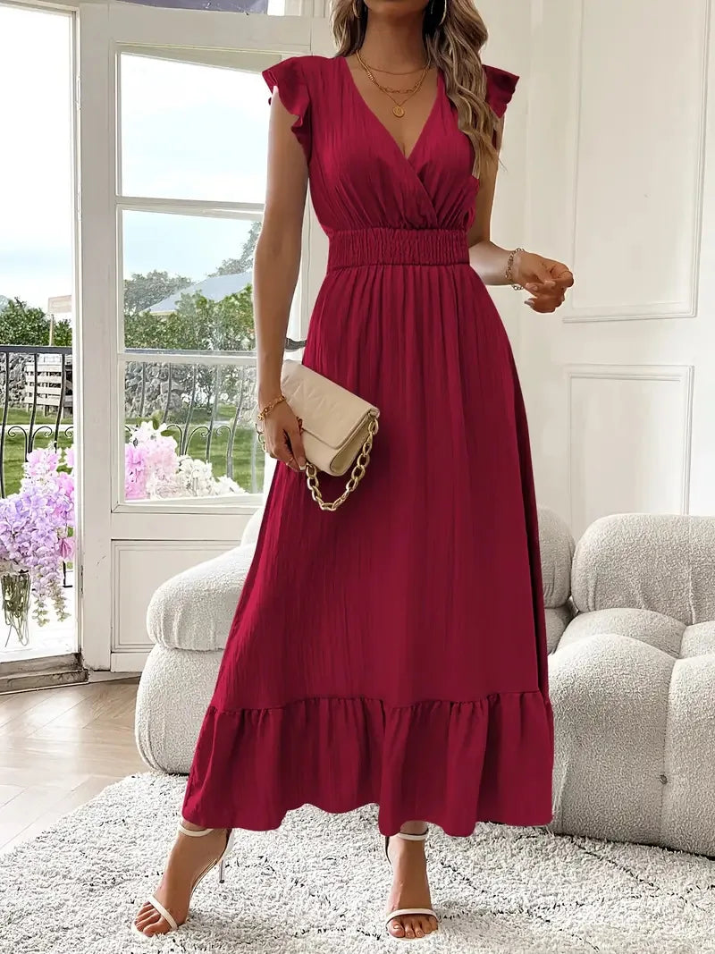 Long Dress Women 2025 Summer Dresses V Neck Solid Color Elastic Waist Maxi Gown Office Lady Ruffles Vestidos Casual A Line