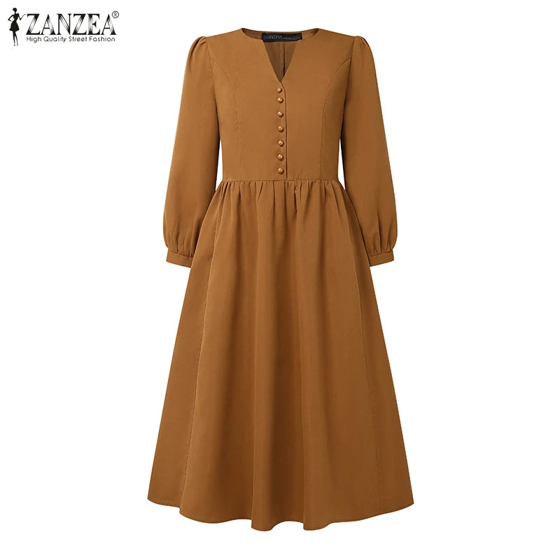 ZANZEA 2025 Autumn Solid Work Dresses Women V Neck Long Sleeve Dress Elegant A Line Party Sundress Casual Solid Button Midi Robe