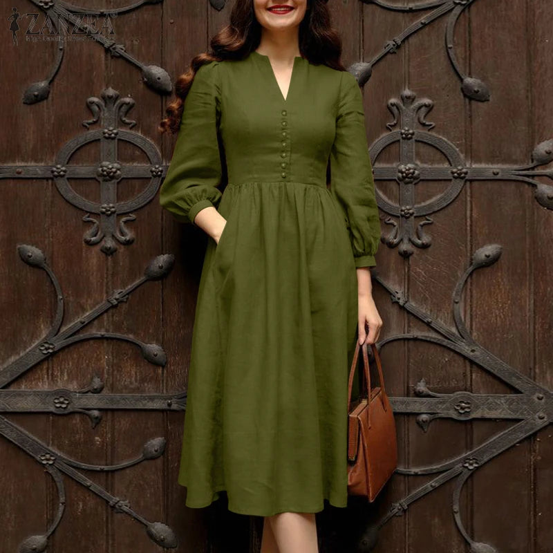ZANZEA 2025 Autumn Solid Work Dresses Women V Neck Long Sleeve Dress Elegant A Line Party Sundress Casual Solid Button Midi Robe