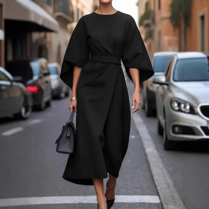 Beautyblue Long Dress for Women Fashion Summer Elegant Dresses 2025 New Round-Neck Puff Sleeves Pleated Party Evening Dress