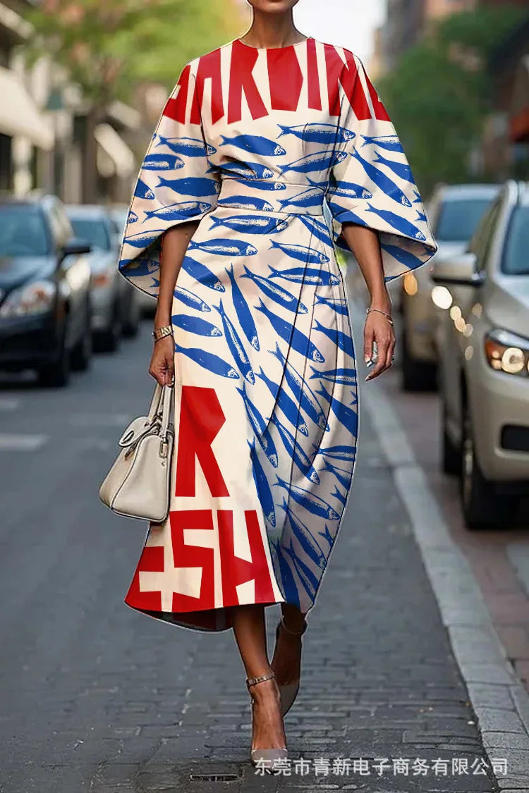 Elegant Floral Ocean Dress for Women Ankle Length Polyester Fiber Independent Station Cross-border 2025 Dress