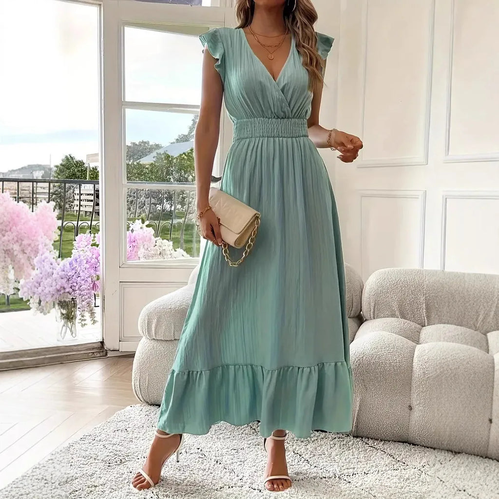 Long Dress Women 2025 Summer Dresses V Neck Solid Color Elastic Waist Maxi Gown Office Lady Ruffles Vestidos Casual A Line