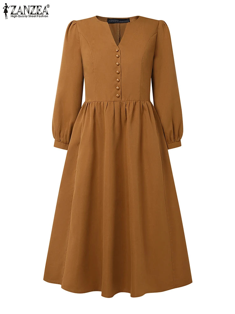 ZANZEA 2025 Autumn Solid Work Dresses Women V Neck Long Sleeve Dress Elegant A Line Party Sundress Casual Solid Button Midi Robe