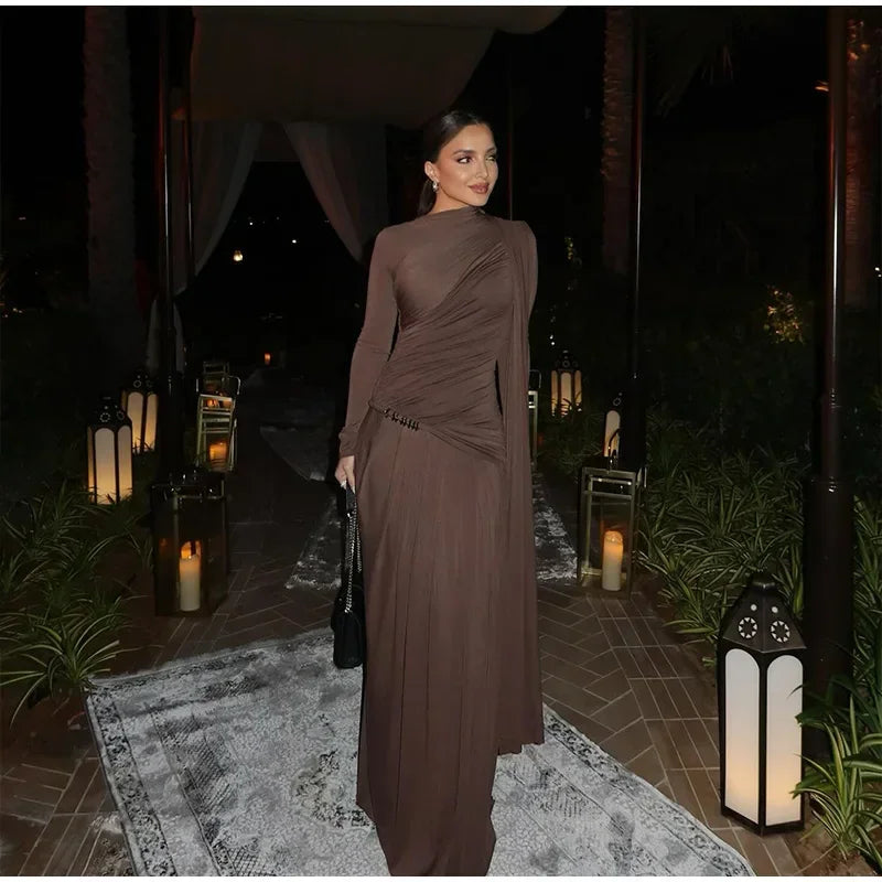 Elegant Women Pleated Irregular Patchwork Maxi Dress Chic Long Sleeve High Neack Dresses 2025 Summer Turtleneck Party Prom Gowns