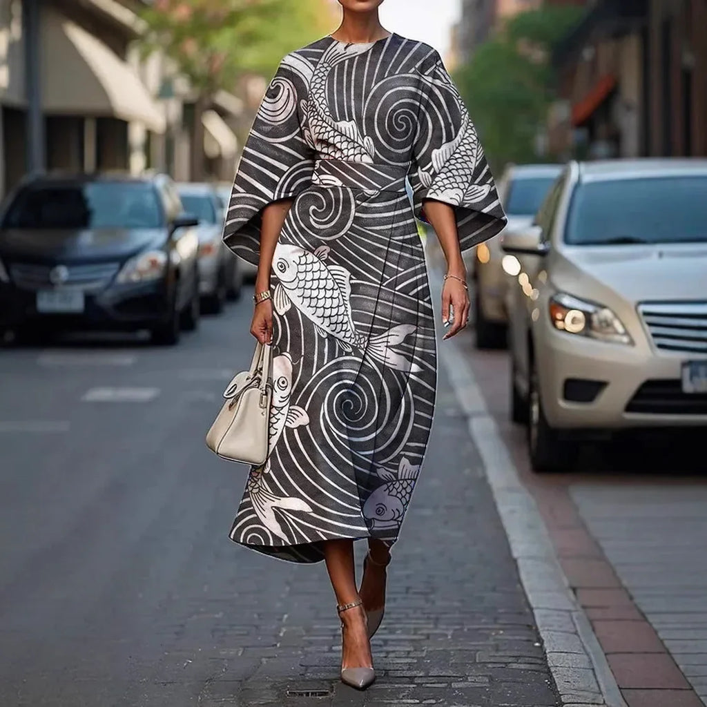 Elegant Floral Ocean Dress for Women Ankle Length Polyester Fiber Independent Station Cross-border 2025 Dress