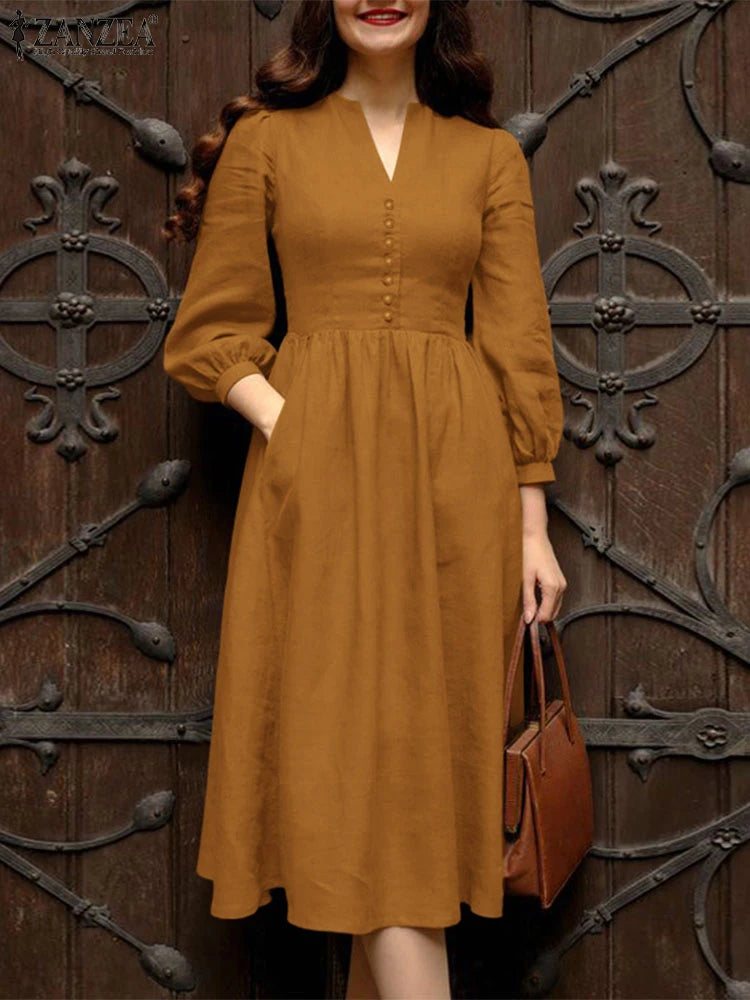 ZANZEA 2025 Autumn Solid Work Dresses Women V Neck Long Sleeve Dress Elegant A Line Party Sundress Casual Solid Button Midi Robe