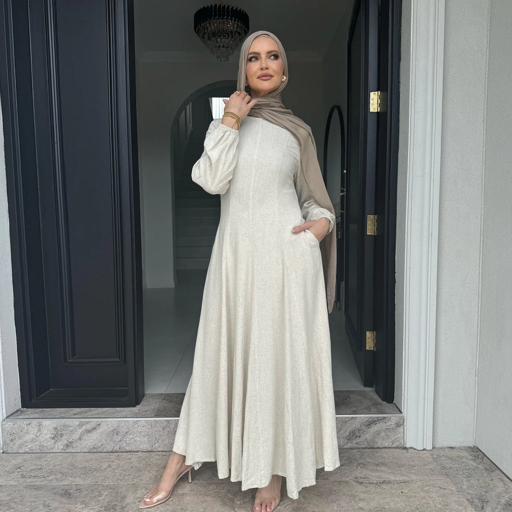 Muslim Long Dresses for Women Cotton Linen Fabric Round Neck Fitted Waist Outdoor Girl's Clothing Evening Party Abayas White