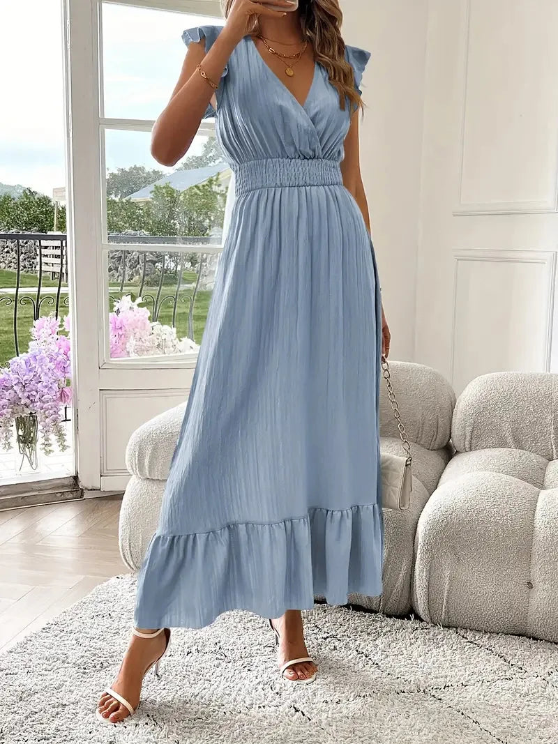 Long Dress Women 2025 Summer Dresses V Neck Solid Color Elastic Waist Maxi Gown Office Lady Ruffles Vestidos Casual A Line