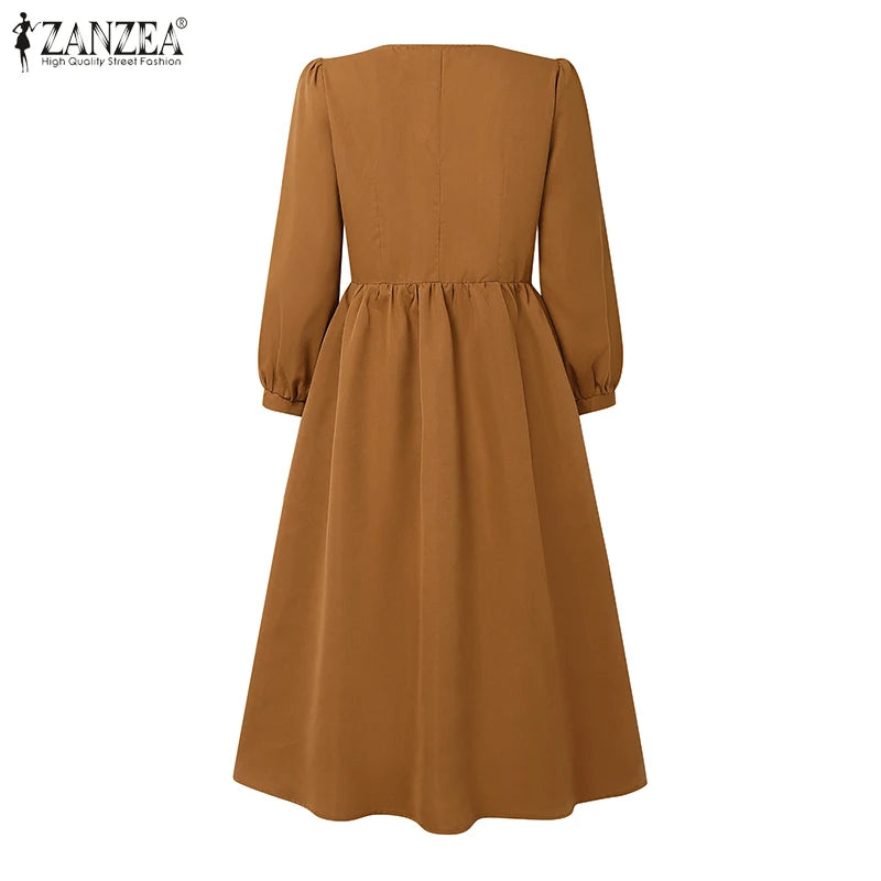 ZANZEA 2025 Autumn Solid Work Dresses Women V Neck Long Sleeve Dress Elegant A Line Party Sundress Casual Solid Button Midi Robe